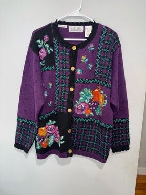 Jantzen Purple and Black Floral Patchwork Cardigan